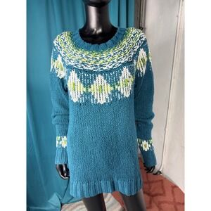 Northcrest Classic Teal Green White Fair Isle Knit Sweater Size L‎